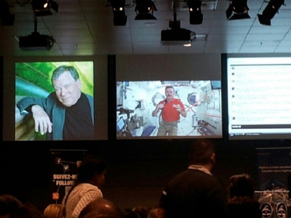 Screenshot from the Canadian Space Agency's live UStream webcast of the Hadfield/Shatner event.