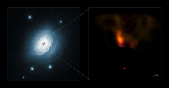 This composite image shows a view from the NASA/ESA Hubble Space Telescope (left) and from the NACO system on ESO’s Very Large Telescope (right) of the gas and dust around the young star HD 100546. The Hubble visible-light image shows the outer disc of gas and dust around the star. The new infrared VLT picture of a small part of the disc shows a candidate protoplanet. Both pictures were taken with a special coronagraph that suppresses the light from the brilliant star. The position of the star is marked with a red cross in both panels. Credit: ESO/NASA/ESA/Ardila et al.
