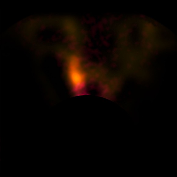 This image from the NACO system on ESO’s Very Large Telescope shows a candidate protoplanet in the disc of gas and dust around the young star HD100546. Credit: ESO.