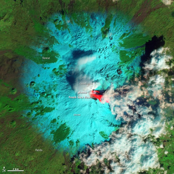 Lava flows on Mt. Etna visible from the The Advanced Land Imager (ALI) on the Earth Observing-1 (EO-1) satellite captured Etna on February 19, 2013. Credit: NASA