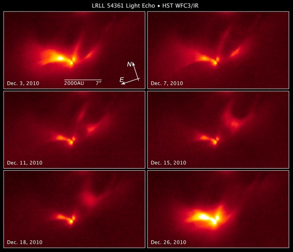 A series of images taken by Hubble Space Telescope over a month show the pulse of light moving through the nebula. The light is illuminating the material around the stars. Credit: NASA, ESA, and Z. Levay (STScI)