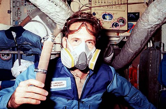 Jerry Linenger dons a mask during his mission on Mir in 1997. Credit: NASA