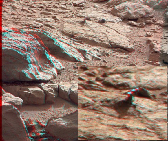 3-D anaglyph from the right and left Mastcam from Curiosity showing the metal-looking protuberance. Credit: NASA/JPL/Caltech/Malin Space Science Systems. Anaglyph by