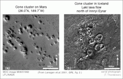 Rootless cones (a) on Mars and (b) in Iceland. The scale of the Martian and terrestrial cones are comparable. Credit: University of Hawaii/Mars Orbiter Camera/MSSS.