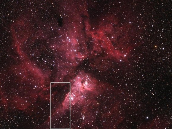 This image shows asteroid 2012 DA14 and the Eta Carinae Nebula, with the white box highlighting the asteroid's path. The image was taken using a 3" refractor equipped with a color CCD camera. The telescope is located at the Siding Spring Observatory in Australia and is maintained and owned by iTelescope.net. Credit: Aaron Kingery/NASA/MSFC
