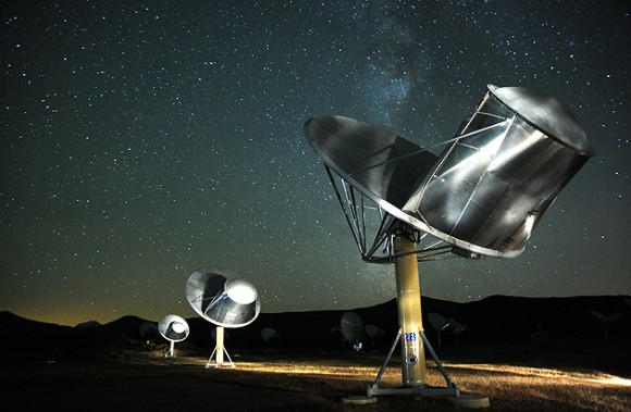 A time exposure of the Allen Telescope Array. (Credit: Seth Shostak/The SETI Institute used with perimssion).