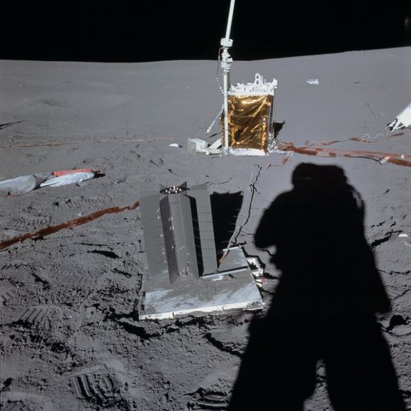 An RTG (in the foreground on the pallet) left on the Moon by astronauts during Apollo 14. (Credit: NASA/Alan Shepard).
