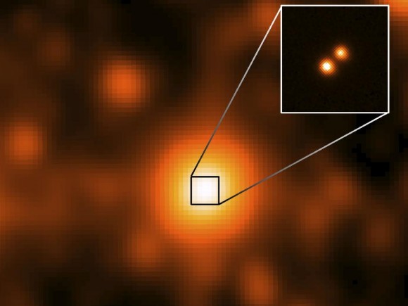 WISE J104915.57-531906 from NASA's WISE survey (centered) and resolved to should its binary nature by the Gemini Observatory (inset). (Credit: NASA/JPL/Gemini Observatory/AURA/NSF).