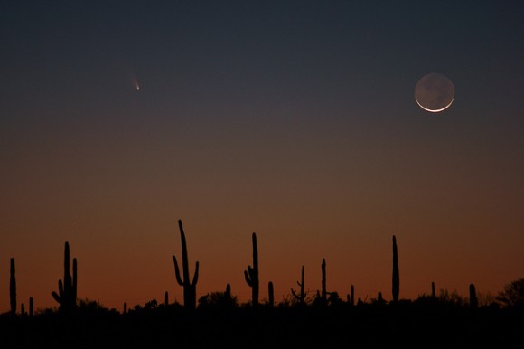 Comet C/2011 L4 (PANSTARRS) and the crescent Moon with earthshine over the Sonoran Desert. Credit and copyright: Nic Leister.