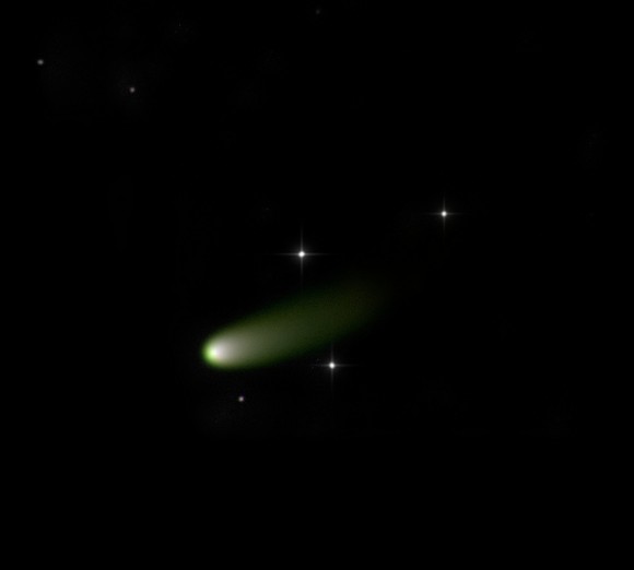 Comet C/2011 L4 Panstarrs, taken from New Mexico Skies between on March 25, 2013 using an FSQ 10.6 and STL11K camera. 65 frames over 18 min each with an exposure time of 2.0 sec. The stars have been enhanced for effect. Credit and copyright: Joseph Brimacombe.