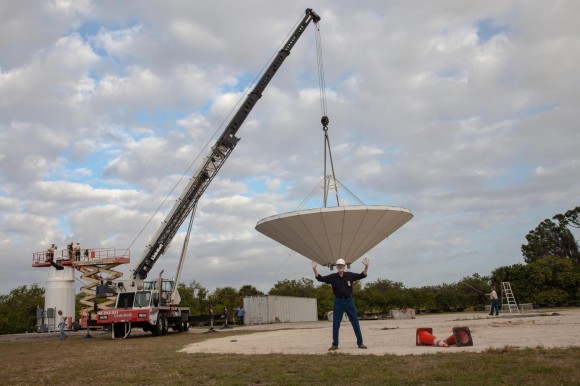 Lead KaBOOM scientist Barry Geldzahler ‘assists’ with dish antenna installation at the Kennedy Space Center; - I’m from Headquarters and I’m here to help’ - is Barry’s mantra. Credit: NASA