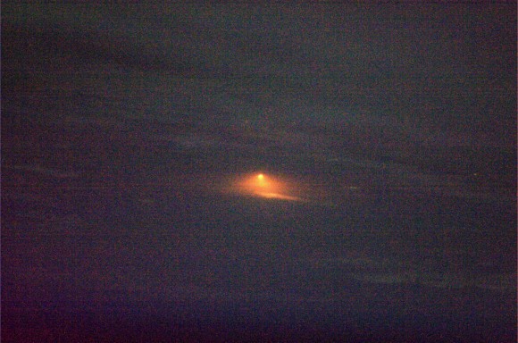 Soyuz Rocket Launch - the moment of ignition, as seen from their target, the Space Station. Credit: NASA/CSA/Chris Hadfield.