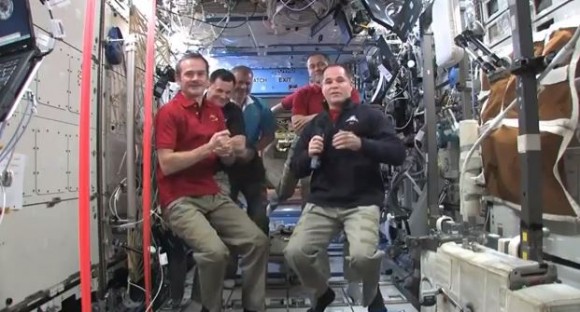 The change of command ceremony on the ISS. Via NASA TV.