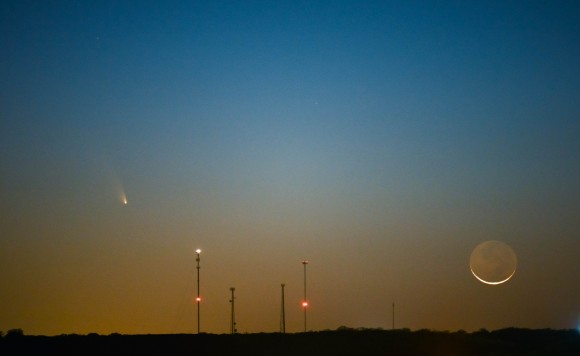 Comet PANSTARRS and the Waxing Crescent Moon as seen over Castroville, Texas. Credit and copyright: Adrian New.