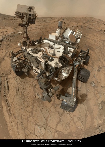Curiosity Rover snapped this self portrait mosaic with the MAHLI camera while sitting on flat sedimentary rocks at the “John Klein” outcrop where the robot conducted historic first sample drilling inside the Yellowknife Bay basin, on Feb. 8 (Sol 182) at lower left in front of rover. The photo mosaic was stitched from raw images snapped on Sol 177, or Feb 3, 2013, by the robotic arm camera - accounting for foreground camera distortion. Credit: NASA/JPL-Caltech/MSSS/Marco Di Lorenzo/KenKremer (kenkremer.com)