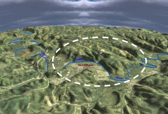 3-D perspective map of the Decorah impact feature looking northward. (Credit: USGS/Adam Kiel graphic/Northeast Iowa RC&D).