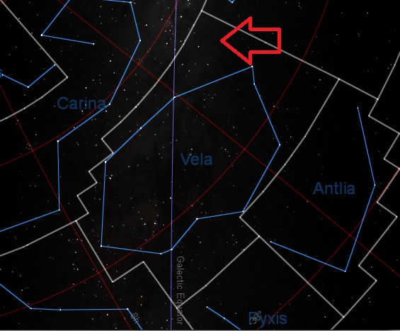 General location of WISE 1049-5319 in the constellation Vela. Note its proximity to the galactic plane. (Created by the author using Starry Night).