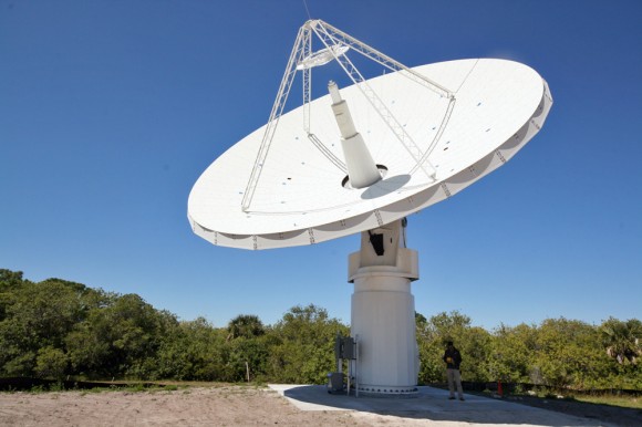 KaBOOM experimental asteroid radar array at KSC consists of three 12 meter wide dish antennas mounted on pedestals at the Kennedy Space Center in Florida. Credit: Ken Kremer (kenkremer.com)