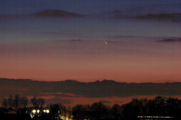 Comet Pan-STARRS thrills Dutch observers of the Night Sky on March 14, 2013 shortly after sunset - note the rich hues. Shot with a Canon 60D camera and Canon 100/400 mm lens, exposure time 15 seconds, ISO 300 Credit: Rob van Mackelenbergh