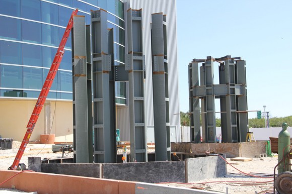 Steel trusses being installed as braces for outside vertical display of full size twin, full size shuttle Solid Rocket Boosters at the Kennedy Space Center Visitor Complex in Florida. Credit: Ken Kremer (kenkremer.com)