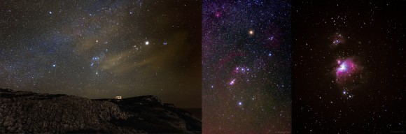 A poster with a progression of images from Cape Espichel, Sesimbra in Portugal. Left is a wide field starscape, center is Orion's deep sky objects and right is a closeup of M42. Credit and copyright: Miguel Claro.