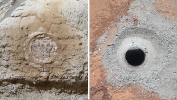 This set of images shows the results from the rock abrasion tool from Opportunity (left) and the drill from NASA's Curiosity rover (right). Note how the rock grindings from Opportunity are brownish red, indicating the presence of hematite, a strongly oxidized iron-bearing mineral. Such minerals are less supportive of habitability and also may degrade organic compounds. On the right is the hole produced by Curiosity during the first drilling into a rock on Mars to collect a sample from inside the rock. In this case, the rock produced gray tailings -- not red -- suggesting the presence of iron that is less oxidized. Curiosity also found clay minerals that form in more neutral water friendly to the formation of life. Credit: NASA