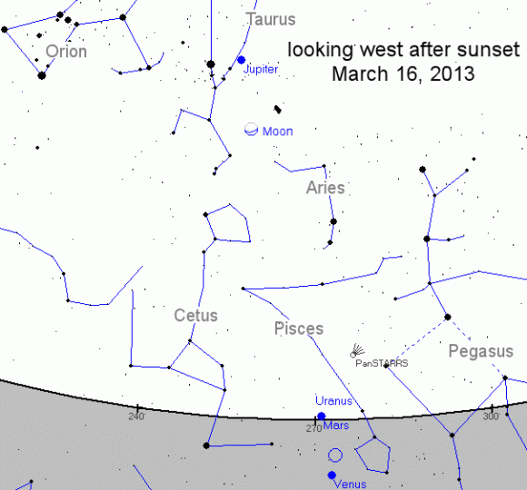 Comet Pan-Starrs Sky Map. Viewing guide to find the comet low in the horizon after sunset.Credit: Space Weather.com