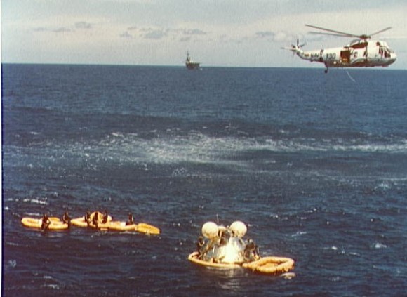 The Apollo command module used in the Apollo-Soyuz Test Project, during recovery. Credit: NASA
