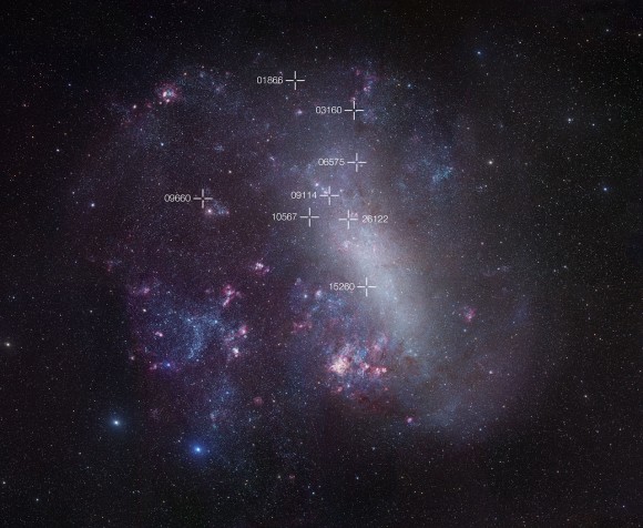 The Large Magellanic Cloud, a neighboring galaxy to the Milky Way. The positions of eight faint and rare cool eclipsing binary stars are marked with crosses. Credit: ESO/R. Gendler