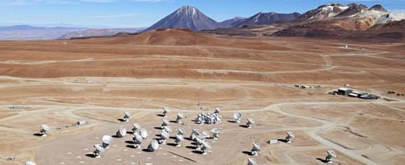 This image shows an aerial view of the Chajnantor Plateau, located at an altitude of 5000 meters in the Chilean Andes, where the array of ALMA antennas is located. Credit: Clem & Adri Bacri-Normier (wingsforscience.com)/ESO.