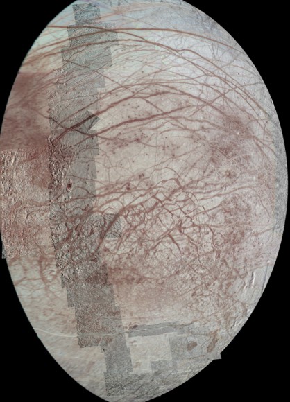 This view of Jupiter's moon Europa features several regional-resolution mosaics overlaid on a lower resolution global view for context. The regional views were obtained during several different flybys of the moon by NASA's Galileo mission. Image credit: NASA/JPL-Caltech/University of Arizona.