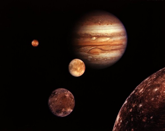 Jupiter and its four planet-size moons, called the Galilean satellites photographed and assembled into a collage by NASA.