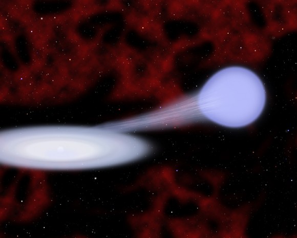 This artist's conception shows the suspected progenitor of a new kind of supernova called Type Iax. Material from a hot, blue helium star at right is funneling toward a carbon/oxygen white dwarf star at left, which is embedded in an accretion disk. In many cases the white dwarf survives the subsequent explosion. Credit: Christine Pulliam (CfA)