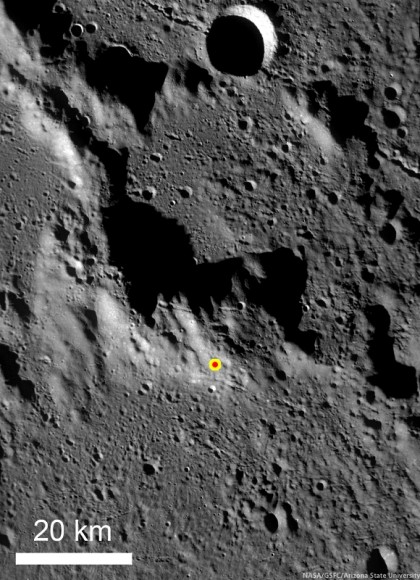 LRO Wide Angle Camera (WAC) image of the GRAIL impact area on the south side of the unnamed massif. Credit: NASA/GSFC/ASU.