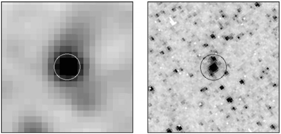 Low and high-resolution images of stars in the galaxy M33. The bright object detected in the low-resolution image is actually several stars, as indicated by the higher-resolution image. A similar effect occurs when comparing Kepler (lower-resolution) and AO images (higher-resolution). A single Kepler target can actually constitute multiple stars seen along the sight-line (image credit: Mochejska et al. 2001, arXiv).