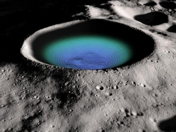 This shaded relief image shows the Moon's Shackleton Crater, a 21-km-wide crater permanently shadowed crater near the lunar south pole. The crater’s interior structure is shown in false color based on data from NASA's LRO probe. Credit: NASA
