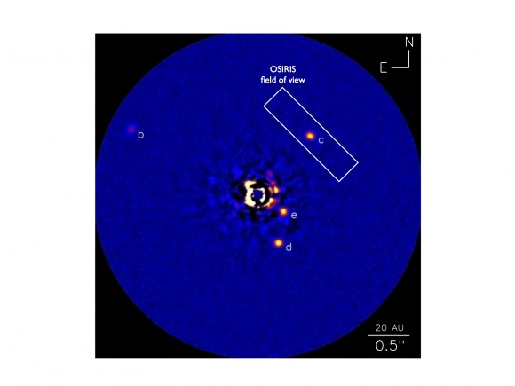 One of the discovery images of the system obtained at the Keck II telescope using the adaptive optics system and NIRC2 Near-Infrared Imager. The rectangle indicates the field-of-view of the OSIRIS instrument for planet C. Credit: Image courtesy of NRC-HIA, C. Marois and Keck Observatory.