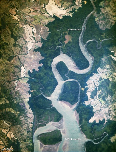 The first light from the new ISERV camera system, taken on February 16, 2013 shows the Rio San Pablo as it empties into the Golfo de Montijo in Veraguas, Panama. NASA image by Burgess Howell, SERVIR Global program.