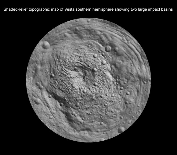 Shaded-relief topographic map of Vesta southern hemisphere showing two large impact basins - Rheasilvia and Older Basin. Credit: NASA/JPL-Caltech/UCLA/MPS/DLR/IDA