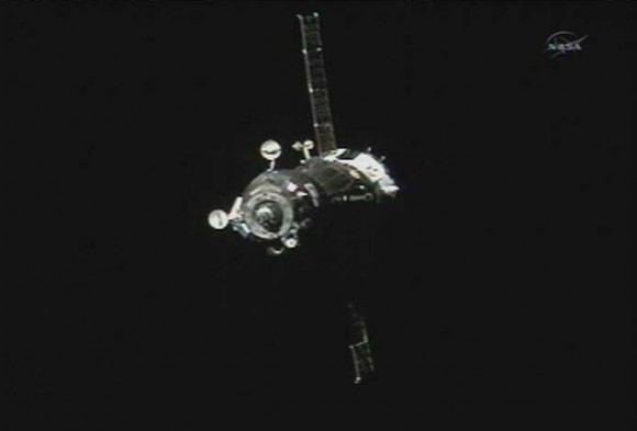 Screen capture from NASA TV of the Soyuz approaching the International Space Station with the Expedition 35/36 crew. Via NASA TV