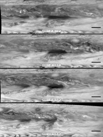 In this series of images from NASA's Cassini spacecraft, a dark, rectangular hot spot (top) interacts with a line of vortices that approaches from on the upper-right side (second panel). Image credit: NASA/JPL-Caltech/SSI/GSFC