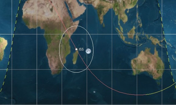 The position of the ISS on April 25th at 19:48UT, just minutes before the partial pahse of the eclipse begins. (Credit: Orbitron).