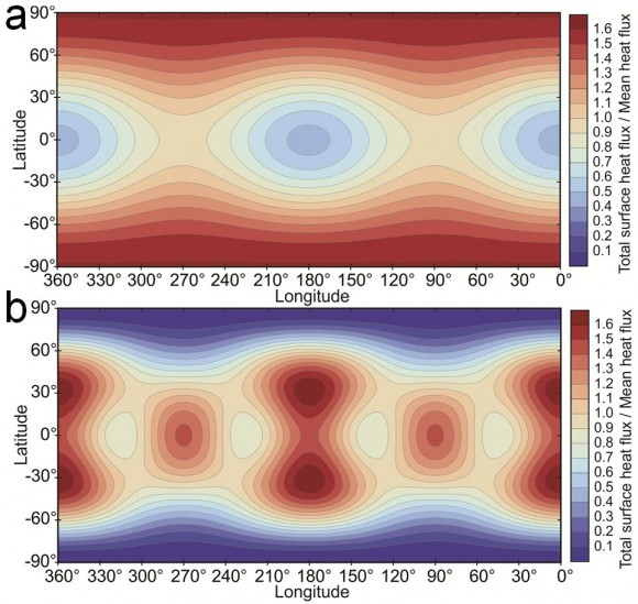 This is a map of the predicted heat flow at the surface of Io from different tidal heating models. Red areas are where more heat is expected at the surface while blue areas are where less heat is expected. Figure A shows the expected distribution of heat on Io's surface if tidal heating occurred primarily within the deep mantle, and figure B is the surface heat flow pattern expected if heating occurs primarily within the asthenosphere. In the deep mantle scenario, surface heat flow concentrates primarily at the poles, whereas in the asthenospheric heating scenario, surface heat flow concentrates near the equator. Credit: NASA/Christopher Hamilton.