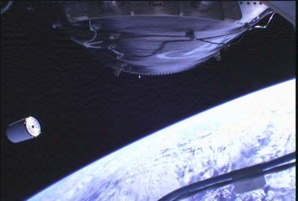 The Cygnus mass simulator separates from the Antares rocket on its inaugural flight on April 21, 2013. Image was taken by a camera onboard the rocket. Credit: Orbital Sciences Corporation.