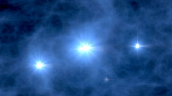 Художник концепции первые звезды во Вселенной включение около 200 миллионов лет после Большого взрыва. Эти первые солнц были сделаны почти чистого водорода и гелия. Они и последующих поколений звезд состряпал тяжелых элементов из этих простых. Кредит: НАСА WMAP Научной Группы