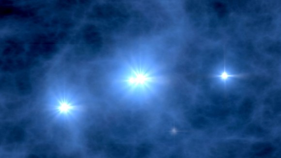 Artist's concept of the first stars in the Universe turning on some 200 million years after the Big Bang. These first suns were made of almost pure hydrogen and helium. They and later generations of stars cooked up the heavier elements from these simple ones. Credit: NASA/WMAP Science Team