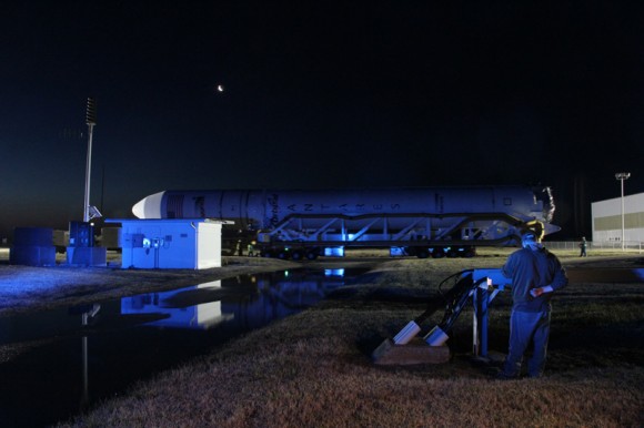 Antares transported atop aboard the Transporter/Erector/Launcher (TEL) beneath the Moon on 6 April 2013. Credit: Ken Kremer (kenkremer.com