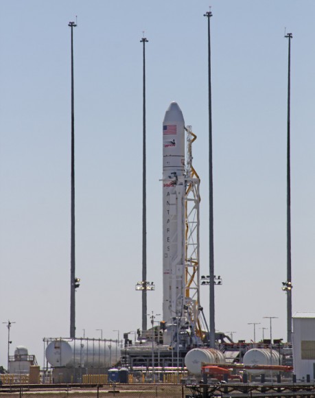 1st fully integrated Antares rocket stands firmly erect at seaside Launch Pad 0-A at NASA’s Wallops Flight Facility during exclusive launch complex tour by Universe Today. Maiden Antares test launch is scheduled for 17 April 2013. Later operational flights are critical to resupply the ISS. Credit: Ken Kremer (kenkremer.com) See Antares rollout and erection photo gallery below