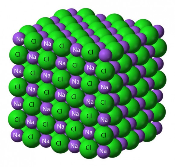 Common table salt is formed of tight-fitting atoms of sodium and chlorine. Each elements has its own individual character - one's a flammable metal (sodium), the other a dangerous gas. Put them together and you create a safe, tasty edible. Credit: Wikipedia