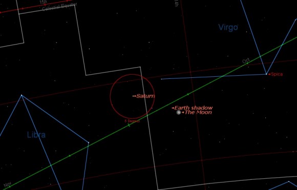 The location of Saturn and the Full Moon during the April 25th partial eclipse. (Created by the author using Starry Night).